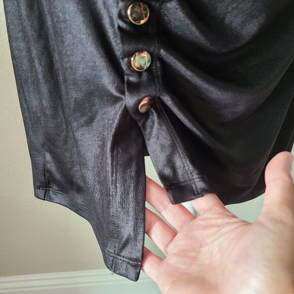 Karina Grimaldi‎ Asymmetrical Black Bodycon Mini Dress Size Medium Gold Buttons - Picture 2 of 12